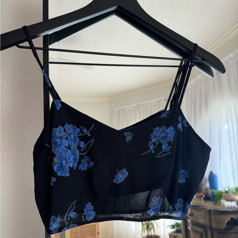 Reformation Blue Floral Black Bra Cropped Top Spaghetti